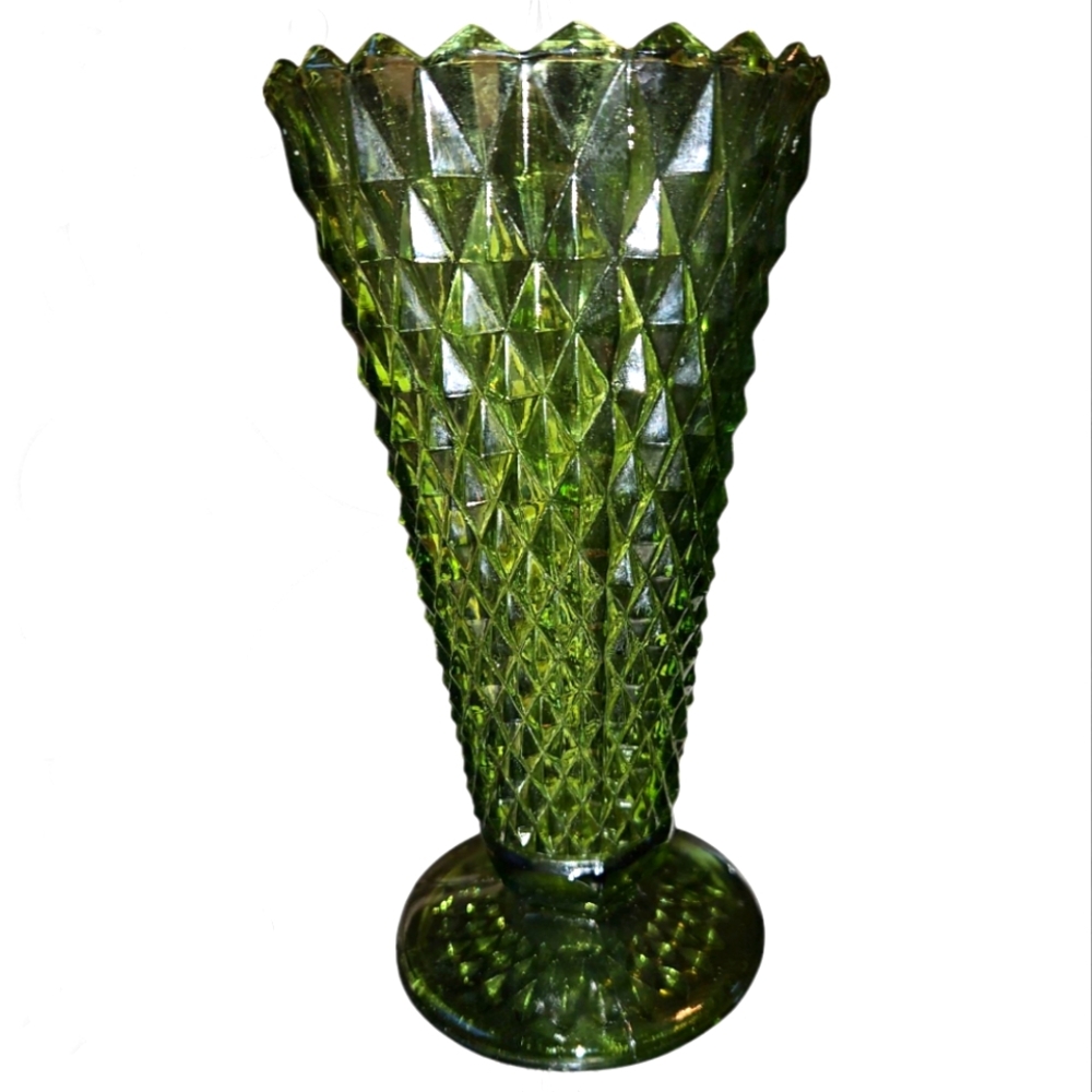 Vintage Indiana Green Diamond Cut Glass Vase